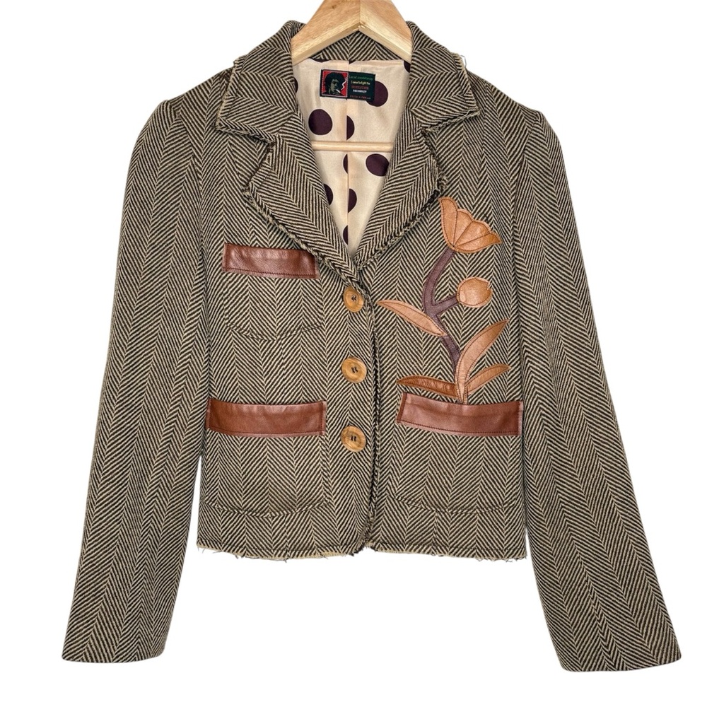 Bob Marley Wool Herringbone Blazer with Brown Leather Accents sz 4